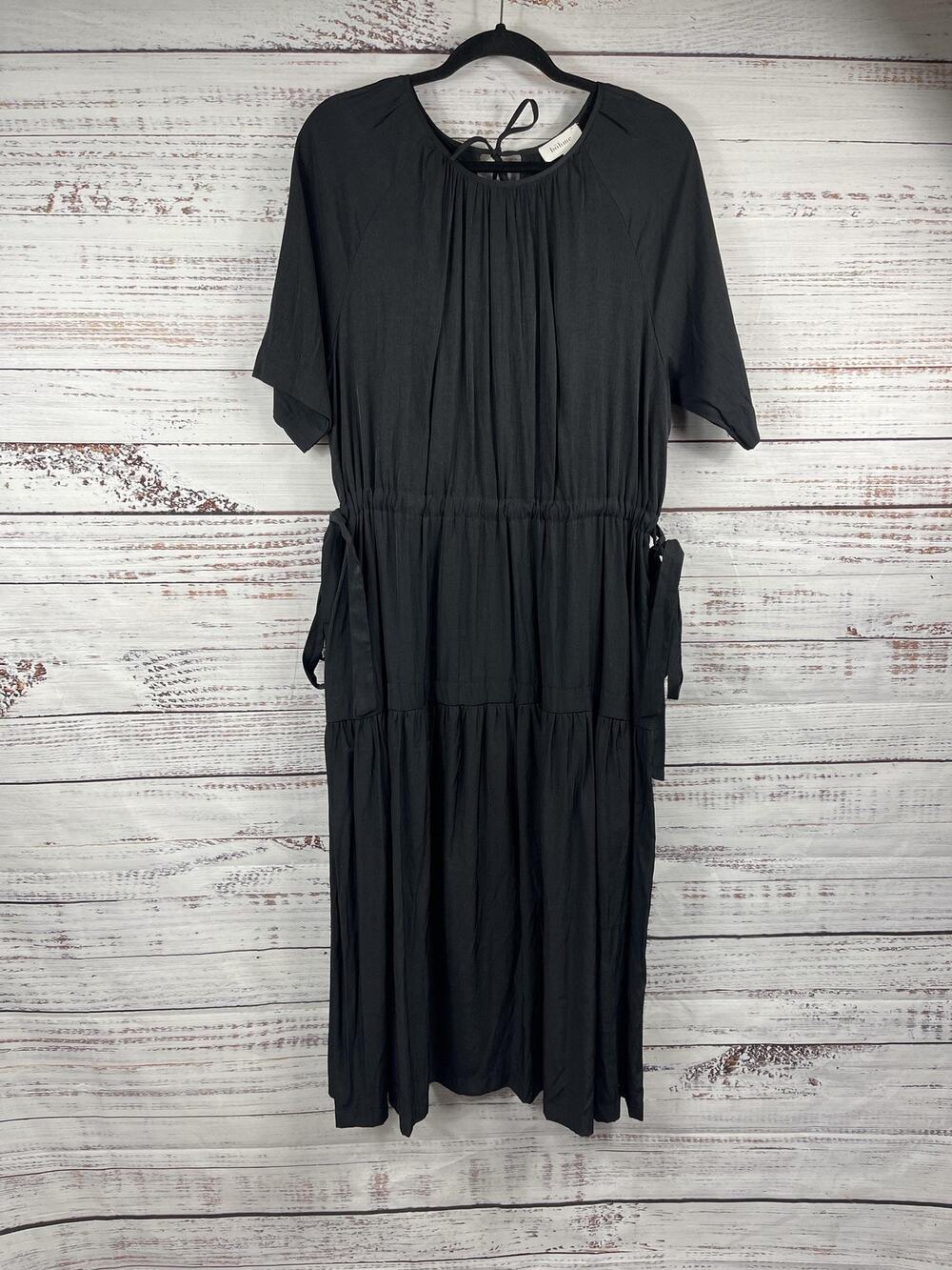 Böhme Dress Women's SZ Large Black Pleated Tiered Boho Midi Sundress Half Sleeve